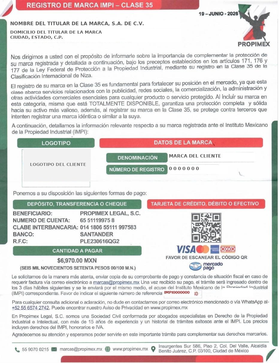 Carta fraudulenta que solicita un pago para complementar el registro de marca en la Clase 35