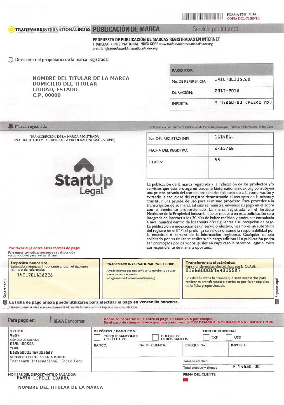 Carta fraudulenta que ofrece publicar la marca registrada como prueba de uso